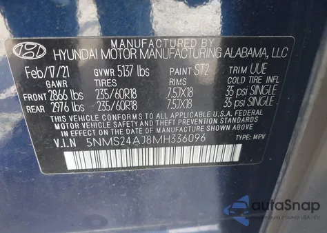 2021 Hyundai Santa Fe Sel from USA, damaged, VIN 5NMS24AJ8MH336096